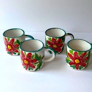 Vintage, red flower, stoneware, coffee mug from Italy, made in Italy hand painte